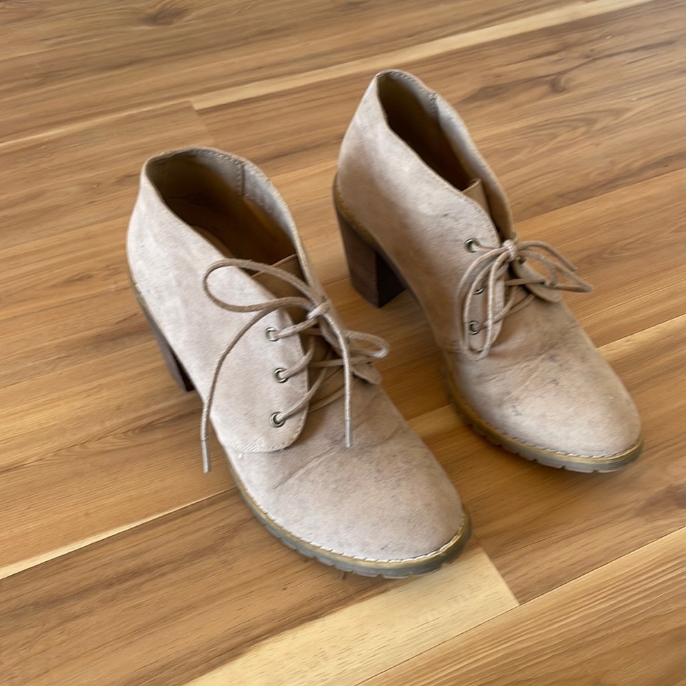 Gray suede heeled booties